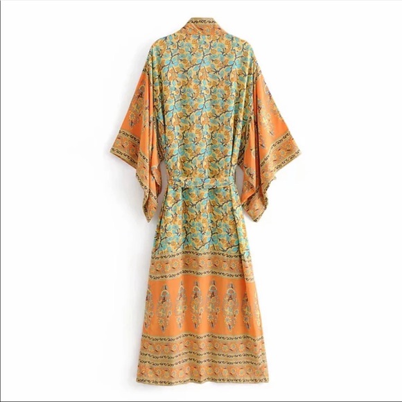 Boho Kimono Floral Gypsy Print Maxi CoverUp Orange - Picture 5 of 7